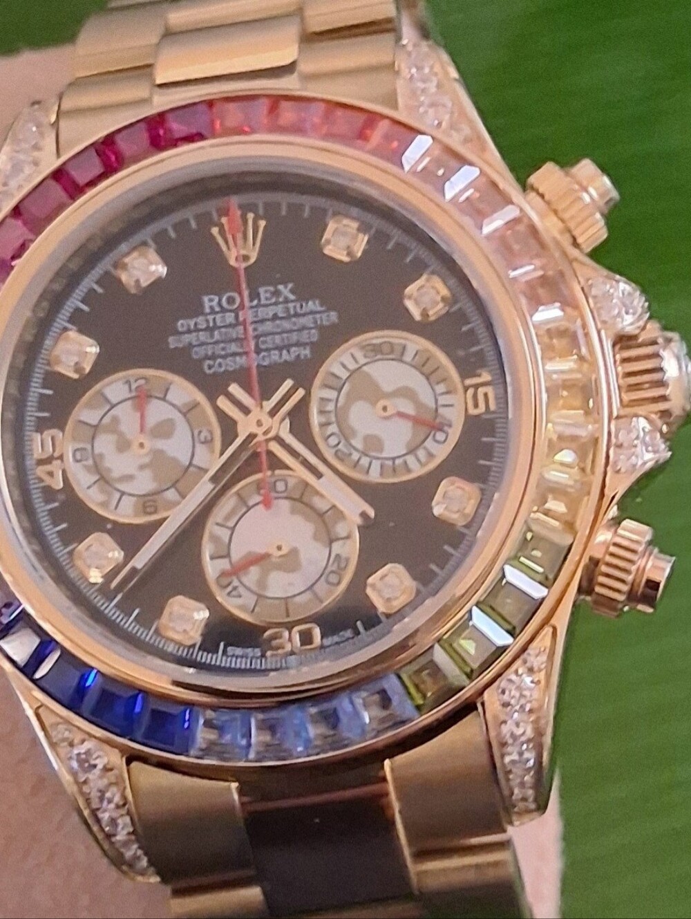 Rainbow Rosetone Automatic Watch with Black Dial and Multicolor Gem Bezel